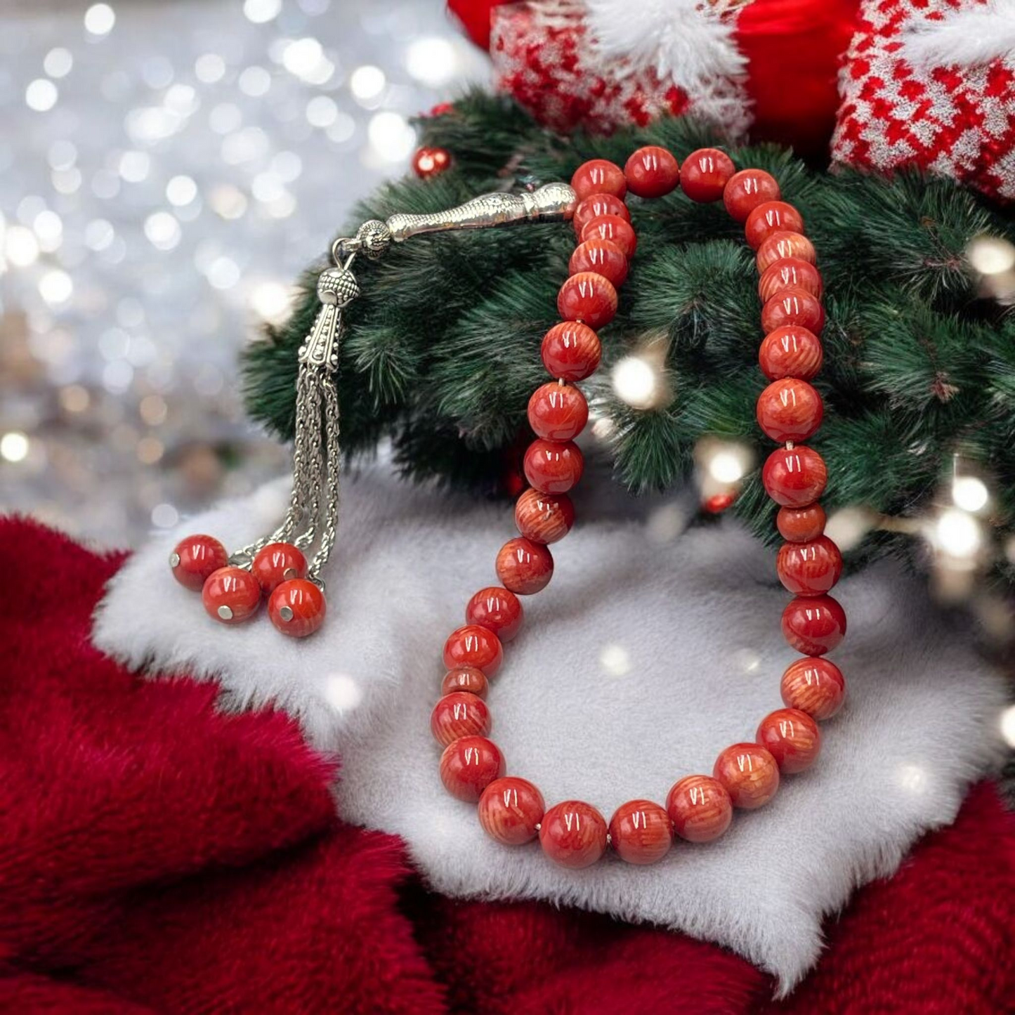 Natural Red Coral Tasbih Prayer Beads Islamic Misbaha With Silver Tone Tassel