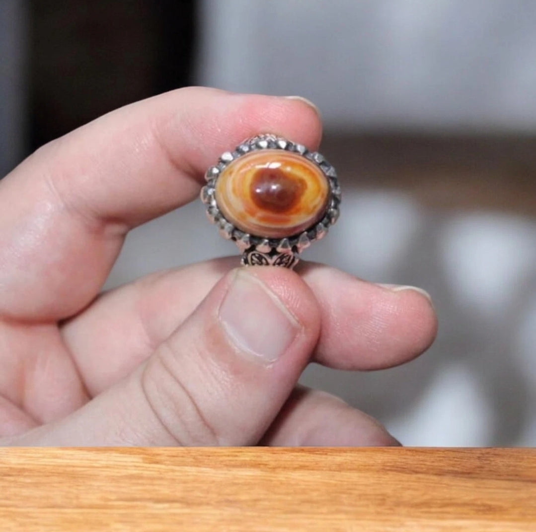 Vintage Men 925 Strling Silver Ring Natural Yemeni Liver Agate Handmade Size 10