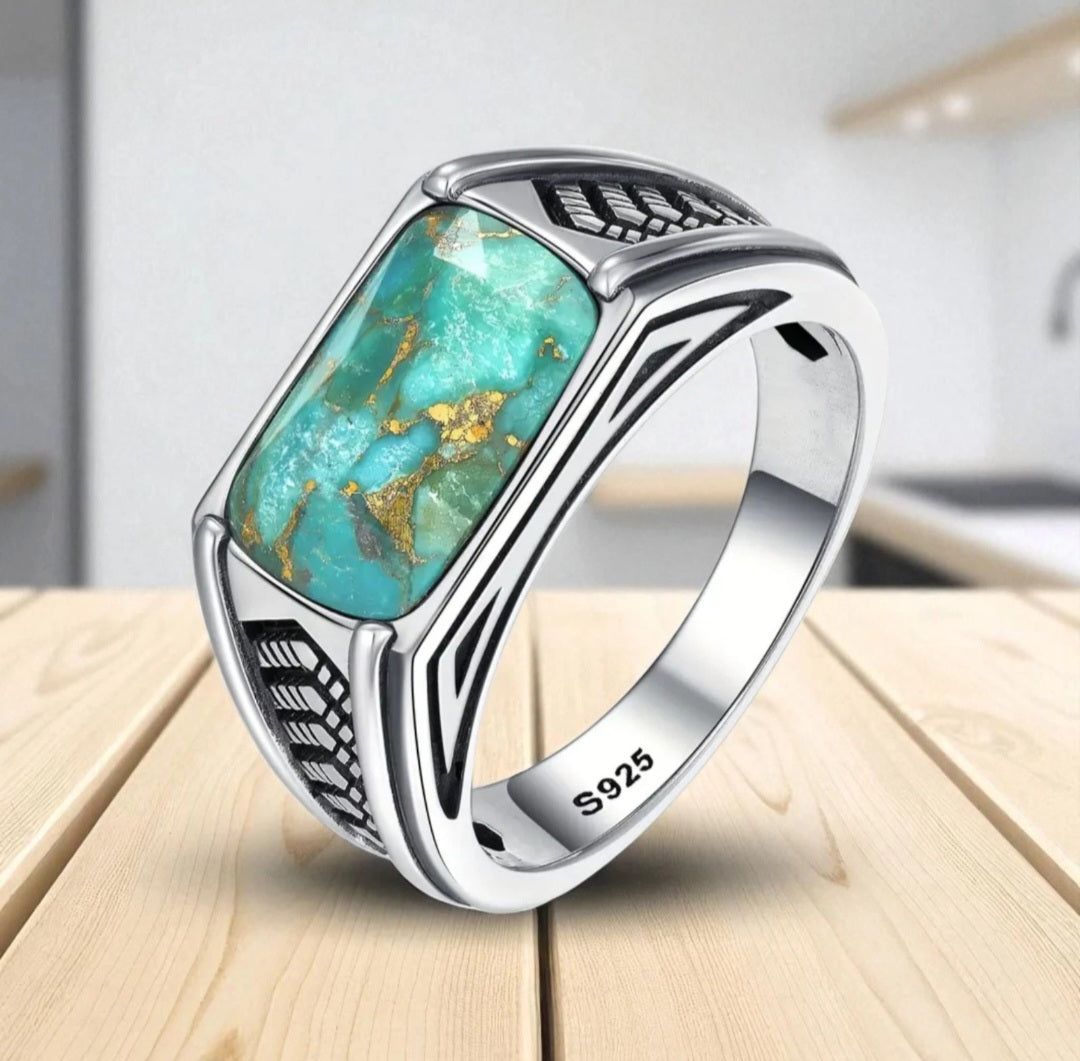 Men's 925 Sterling Silver Turquoise Ring Natural Matrix Stone Handmade Size 12 Premium Quality