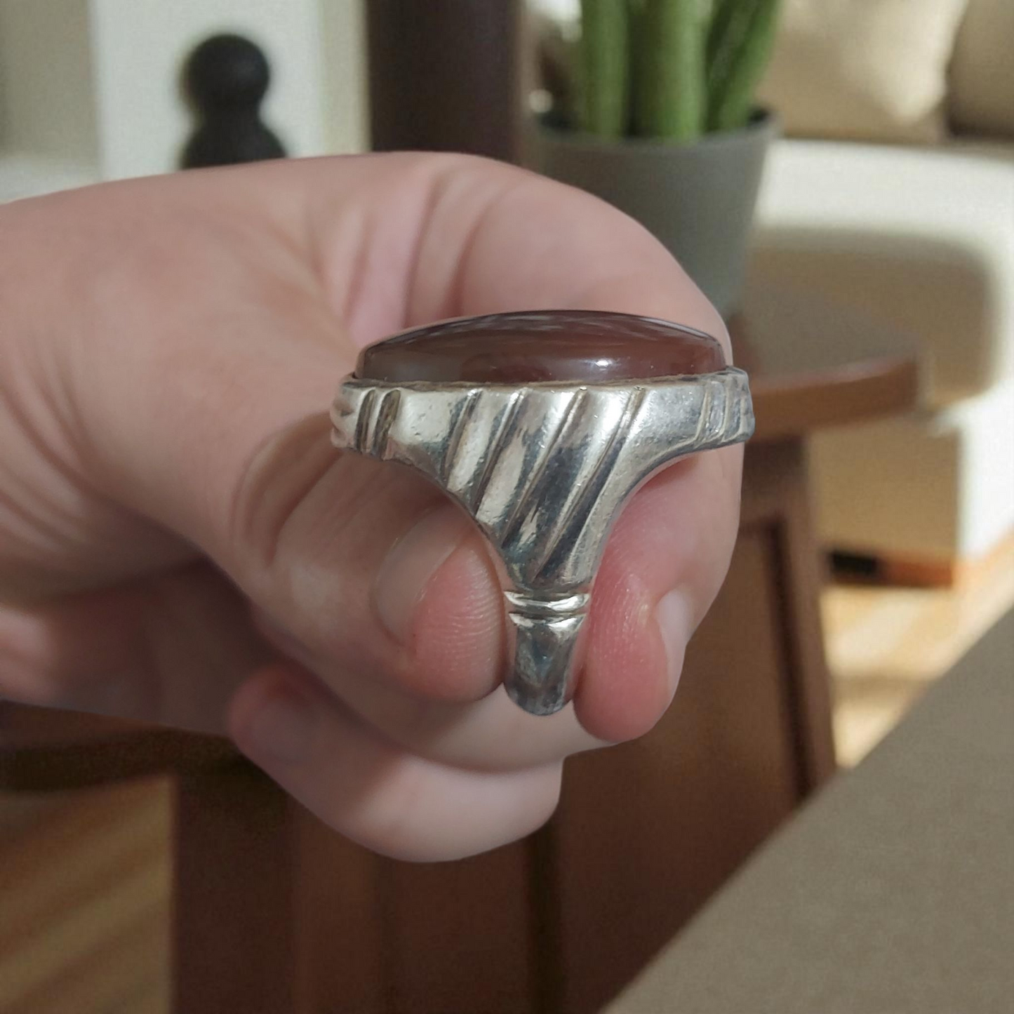 Vintage Men 925 Strling Silver Ring Natural Yemeni Liver Agate Handmade Size 10