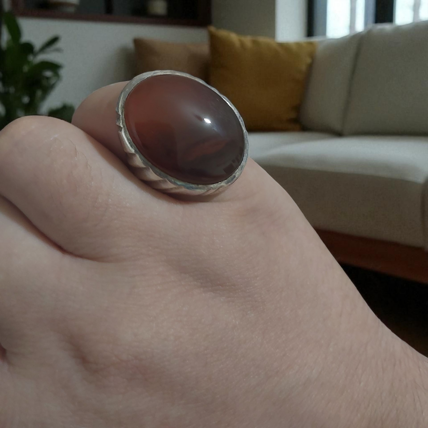 Vintage Men 925 Strling Silver Ring Natural Yemeni Liver Agate Handmade Size 10