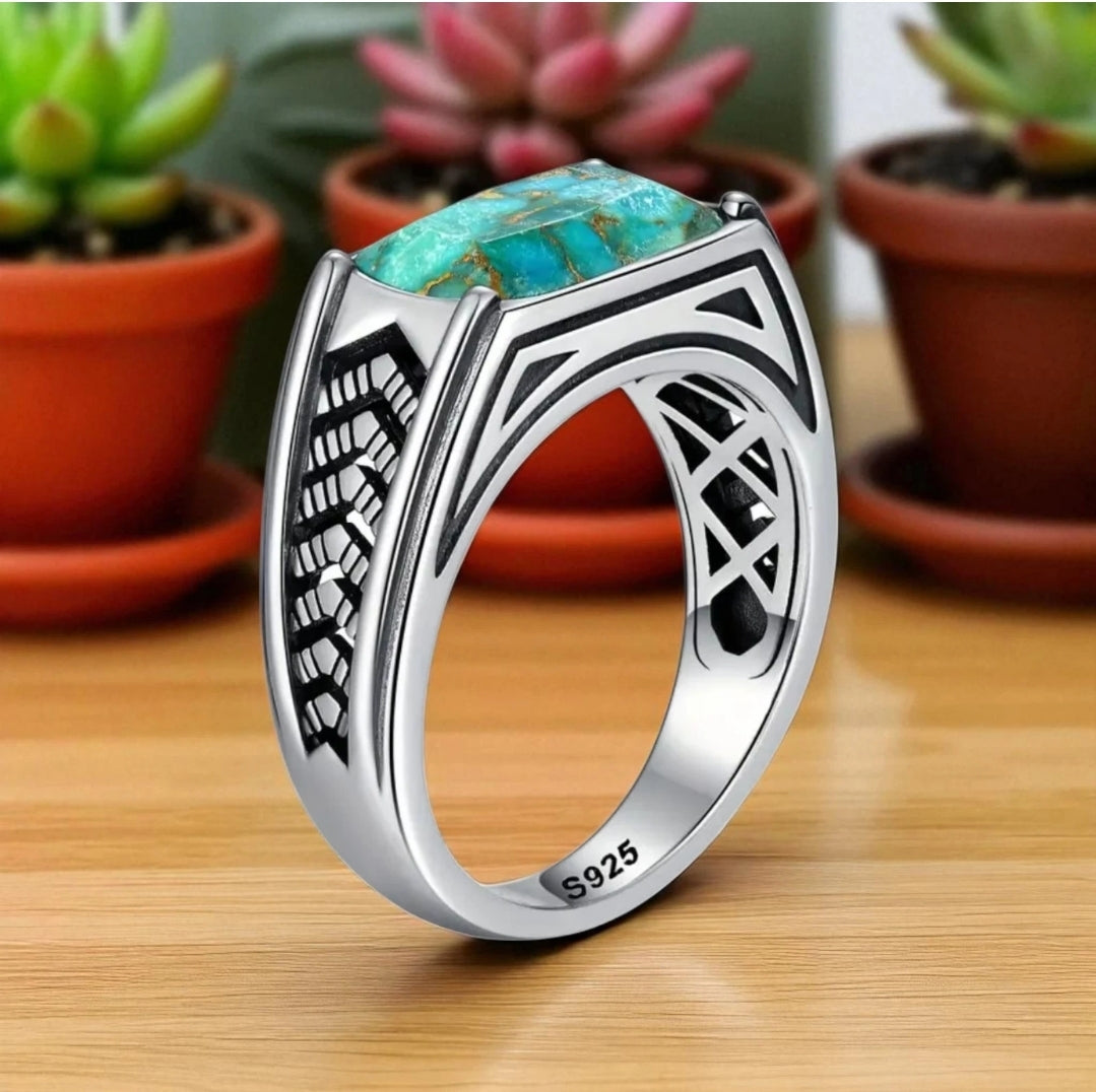 Men's 925 Sterling Silver Turquoise Ring Natural Matrix Stone Handmade Size 12 Premium Quality