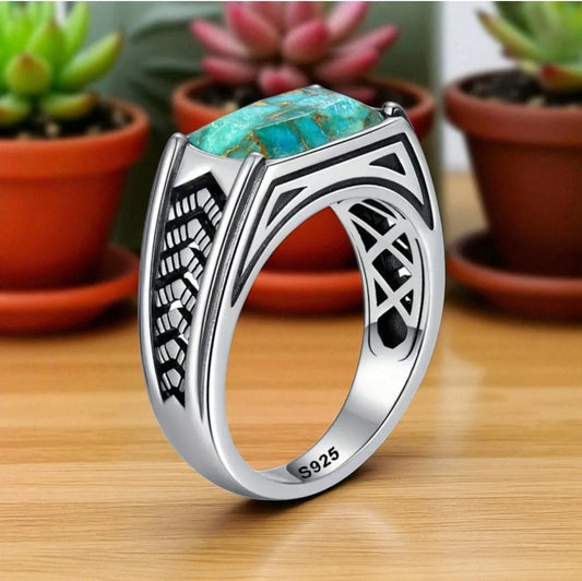 Men's 925 Sterling Silver Turquoise Ring Natural Matrix Stone Handmade Size 12 Premium Quality